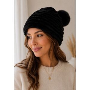 Sprigs Black Pinstripe Faux‎ Fur Beanie Hat with Pom Pom S/M NWT A658660